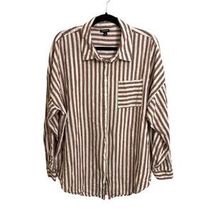 Torrid Shirt Womens 2X Brown White Vertical Stripe Button Down Linen Viscose